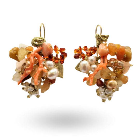 Orecchini a grappolo in Argento 925 bagnato in Oro 18Kt con Quarzi cetrini, Perle, Corallo rosa e Pietre Naturali