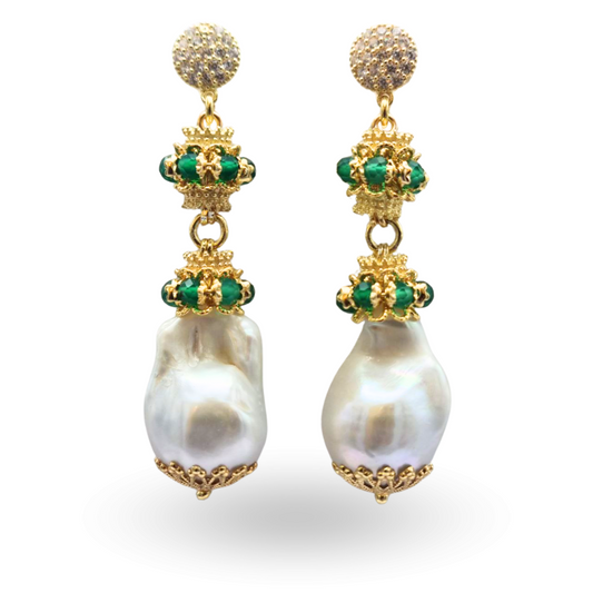 Orecchini in Argento 925 dorato con Perla scaramazza, mina e mezza mina con coroncine in Giada