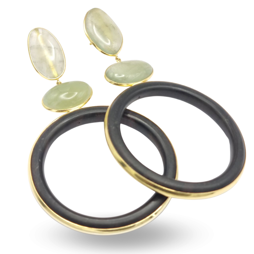 Boucles d'oreilles en argent 925 plaqué or avec cercles d'ébène et béryl vert