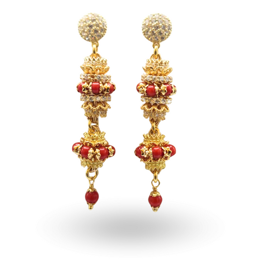 Orecchini in Argento 925 dorato con doppia mina zirconata in Corallo rosso Mediterraneo