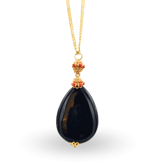 Collana in Argento 925 dorato con goccia in Onice, mina e mezza mina con coroncine in Corallo rosso Mediterraneo
