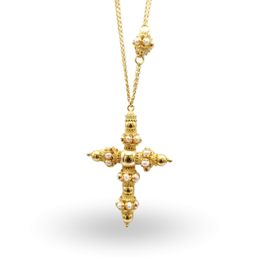 Collana in Argento 925 dorato con Croce modello Elegant con mezze mine in Perle