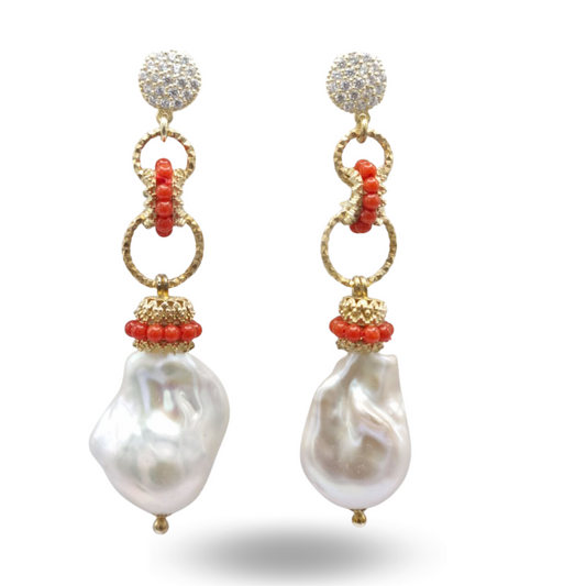 Boucles d'oreilles en argent 925 plaqué or avec perles Scaramazze et couronnes de corail