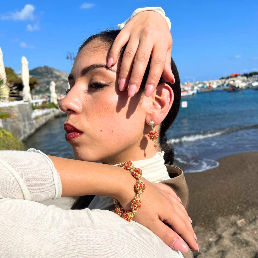 Orecchini in Argento 925 dorato con mine in Corallo Rosso Mediterraneo