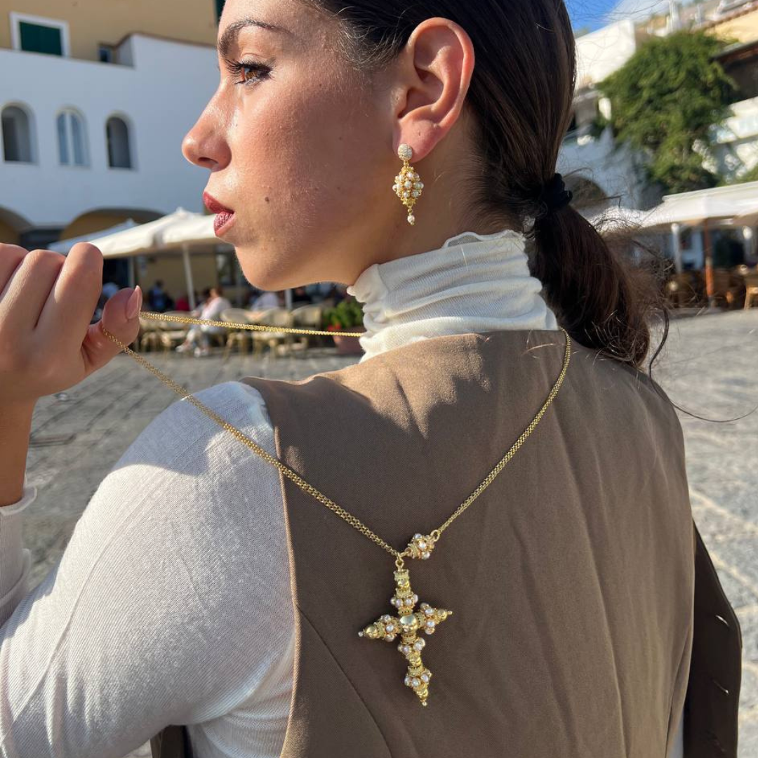 Collana in Argento 925 dorato con Croce modello Elegant con mezze mine in Perle