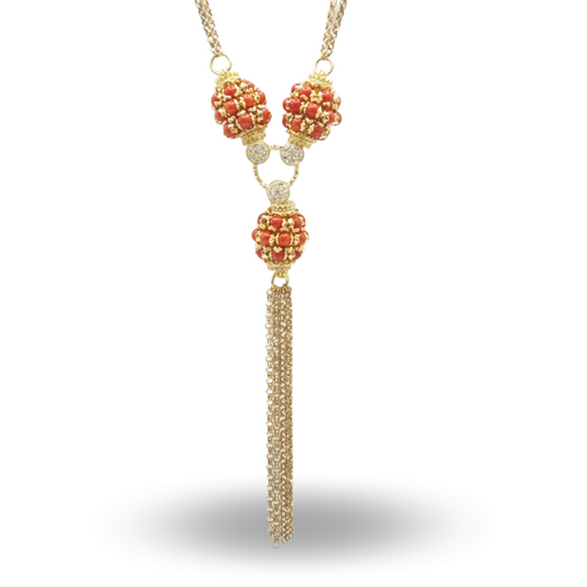 Collana in Argento 925 dorato con tre mine in Corallo rosso Mediterraneo e frange