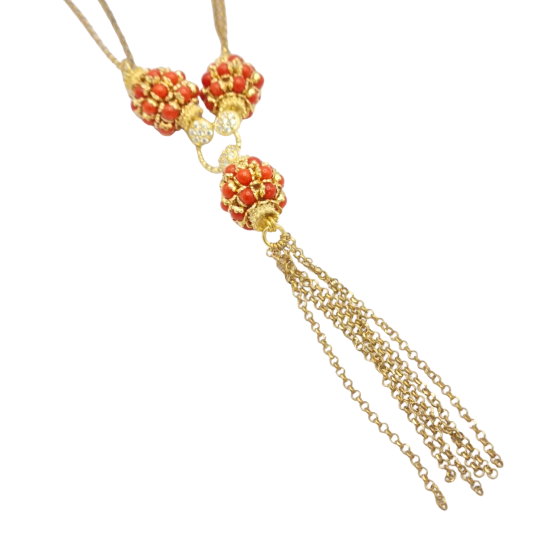 Collana in Argento 925 dorato con tre mine in Corallo rosso Mediterraneo e frange
