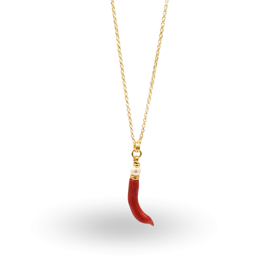 Collana in Argento 925 bagnato in Oro 18Kt con Corno in Corallo e Perla