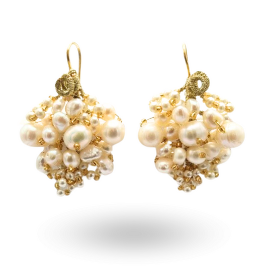 Orecchini a grappolo in Argento 925 bagnato in Oro 18Kt con Perle di varie dimensioni