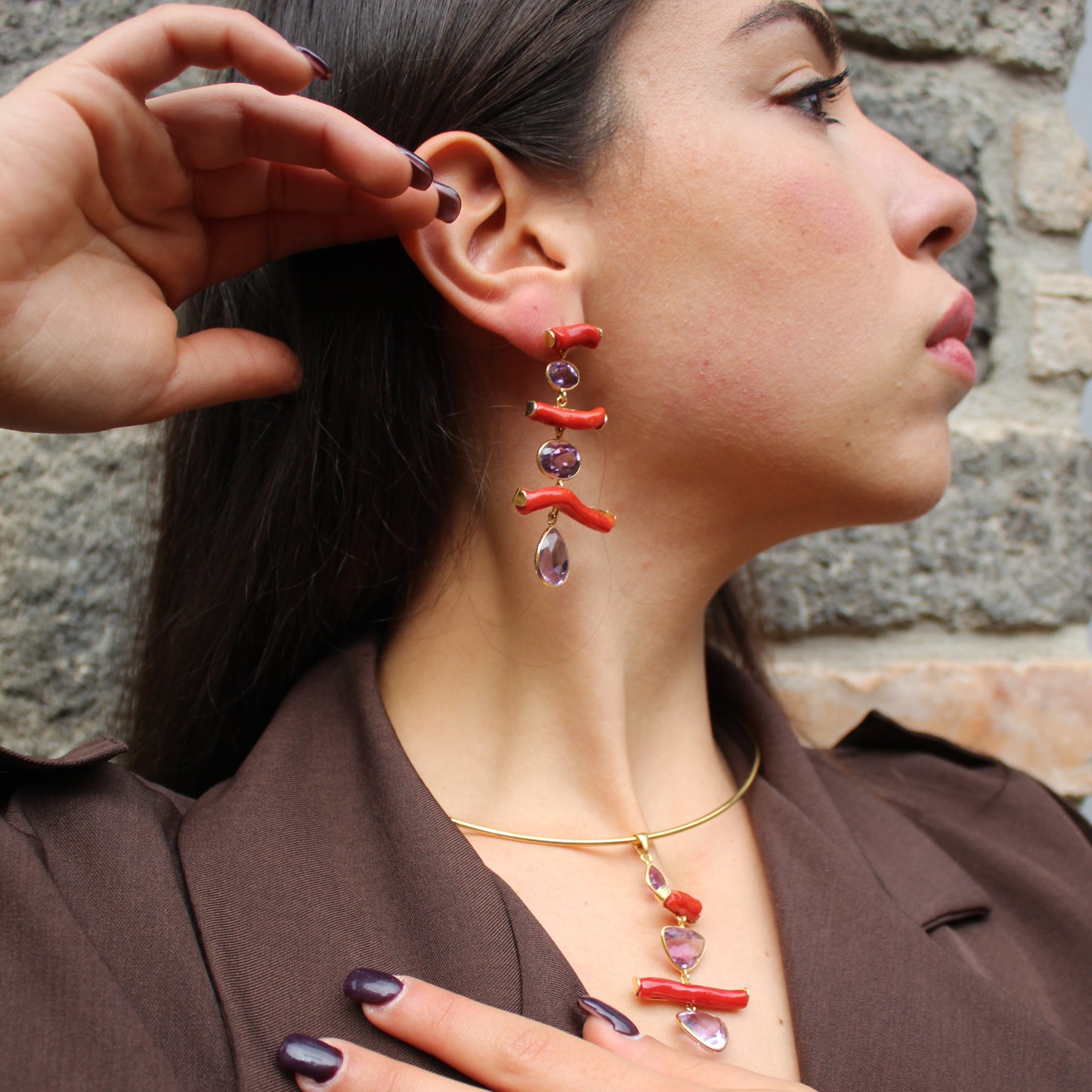 Orecchini in Argento 925 dorato con rami di Corallo rosso e Ametista