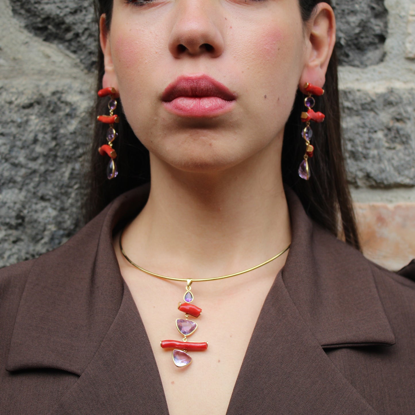 Ciondolo in Argento 925 dorato con rami di Corallo rosso e Ametista