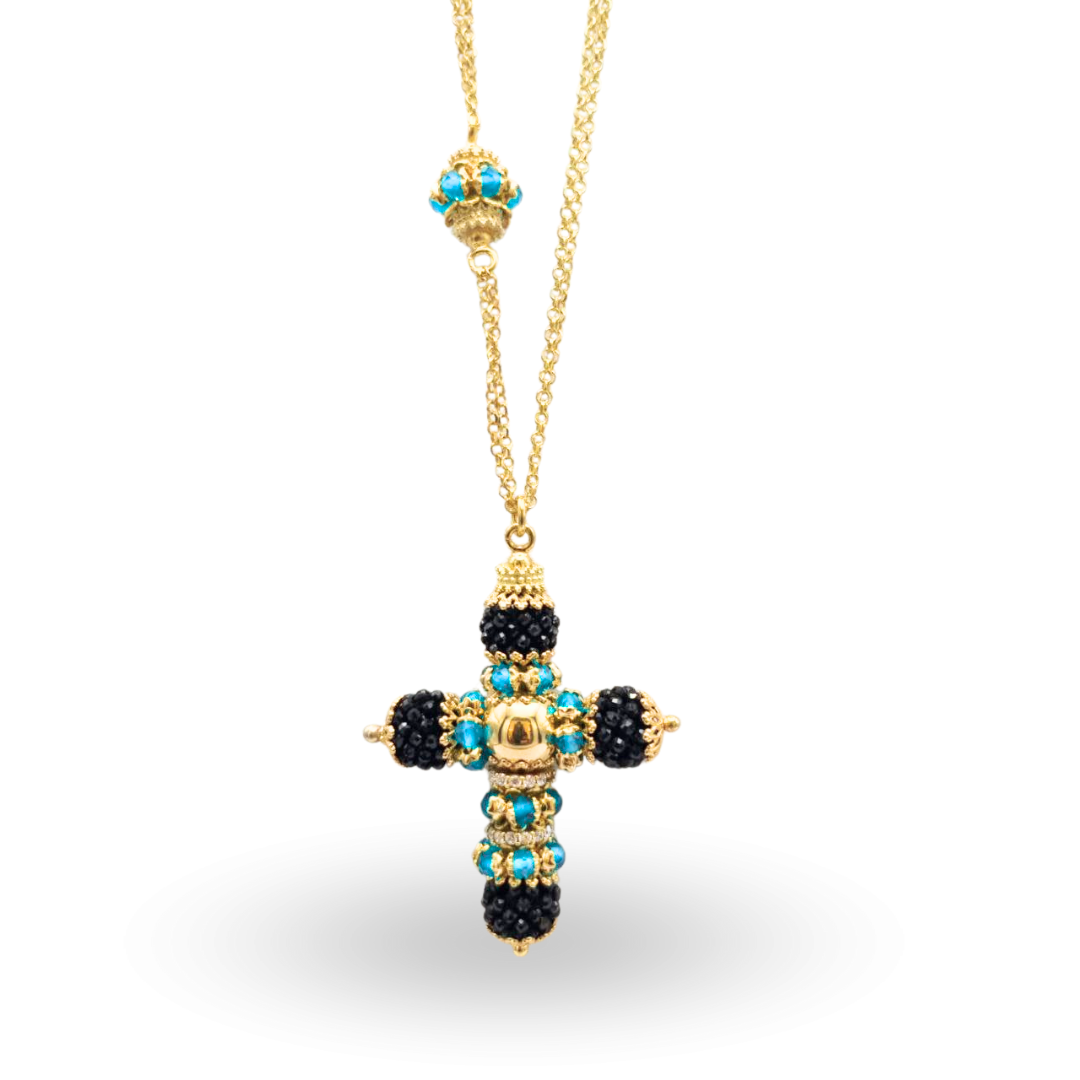 Collana in Argento 925 dorato con Croce modello More con coroncine in Giada