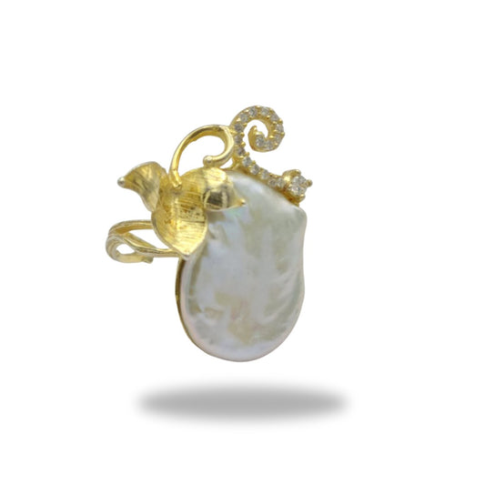 Golden 925 Silver Ring with Leaf and Scaramazza Pearl