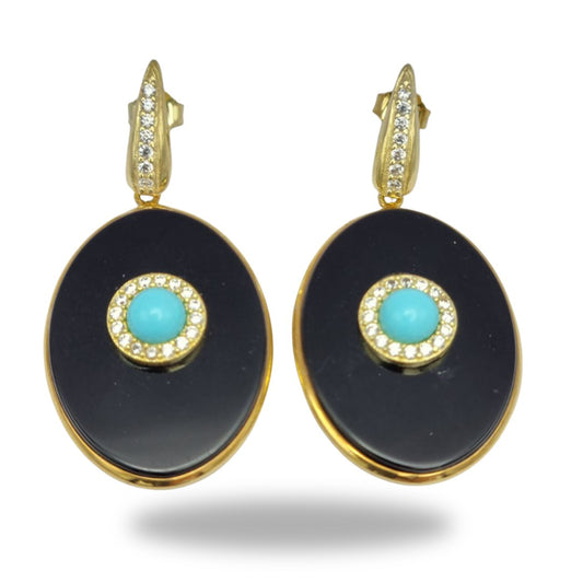Earrings in gold-plated 925 silver with oval plate in onyx and turquoise
