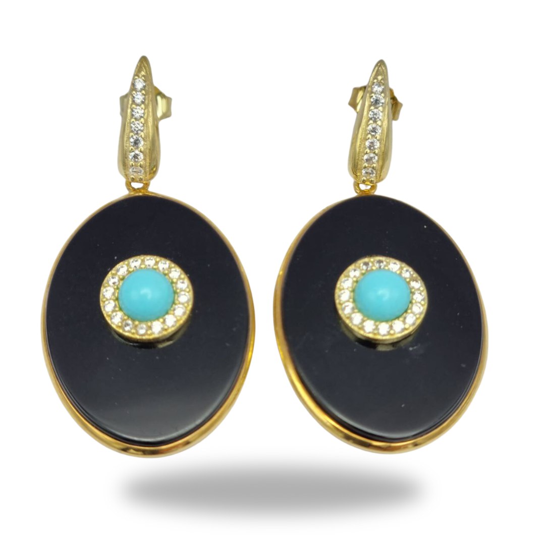 Boucles d'oreilles en argent 925 plaqué or avec plaque ovale en onyx et turquoise